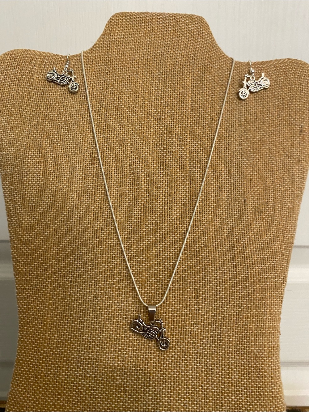 ⭐️ Silver Motorcycle Pendant Necklace and Earrings Set -